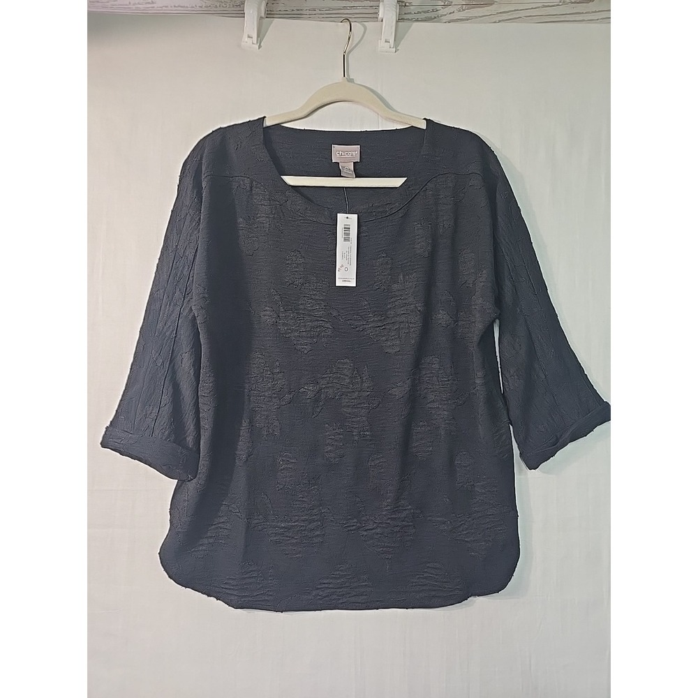 NWT Chico's Sz 0 (S) Black Round Hem 3/4 Sleeve Jacquard Black Blouse Textured